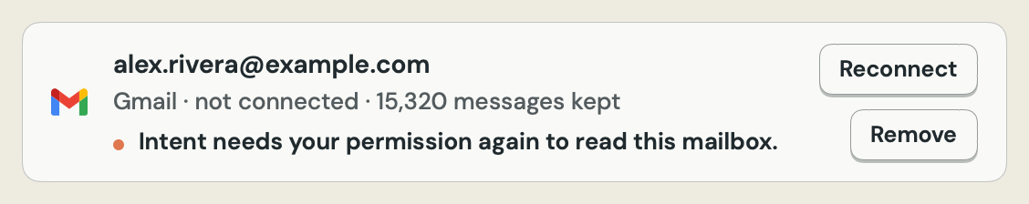 Settings shows a Gmail mailbox as not connected, with Reconnect and Remove.
